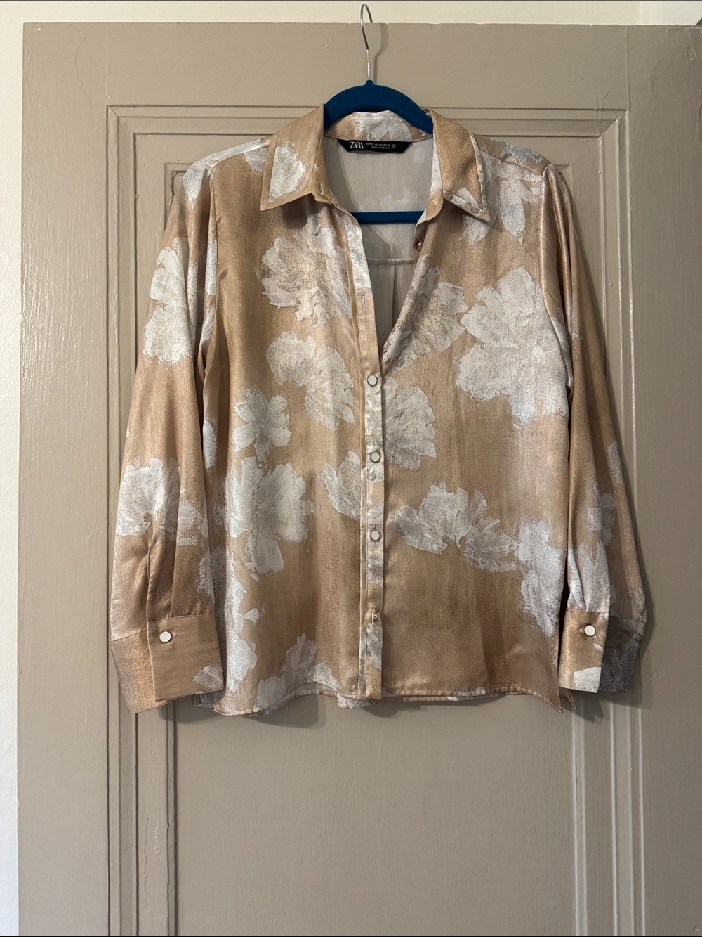 Zara Champagne Satin Floral Button-Down Blouse